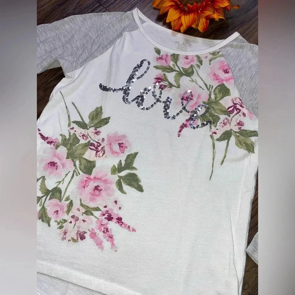🌻5/$25🌻JUSTICE Sequined Love Long Sleeved Flower T-Shirt | 10/12 |